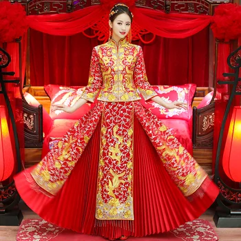 Dragon&Phoenix Embroidery Lady Qipao High Quality Chinese Bride Pleated Dress RED Oriental Style Marriage Cheongsam Suit 
Dragon&Phoenix Embroidery Lady Qipao High Quality Chinese Bride Pleated Dress RED Oriental Style Marriage Cheongsam Suit