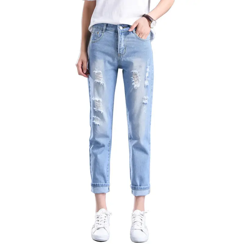 Blue Ripped Bleach Wash Denim Jeans Women Casual Button Fly Mid Waist Straight Leg Plain Trousers Female Summer Crop Pants
Blue Ripped Bleach Wash Denim Jeans Women Casual Button Fly Mid Waist Straight Leg Plain Trousers Female Summer Crop Pants