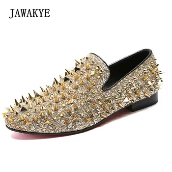 Fashion Gold Spiked Loafers Shoes Men Round Toe Bling Sequins Banque Wedding Shoes Male Slip On Rivets Men Shoes Leather
Fashion Gold Spiked Loafers Shoes Men Round Toe Bling Sequins Banque Wedding Shoes Male Slip On Rivets Men Shoes Leather