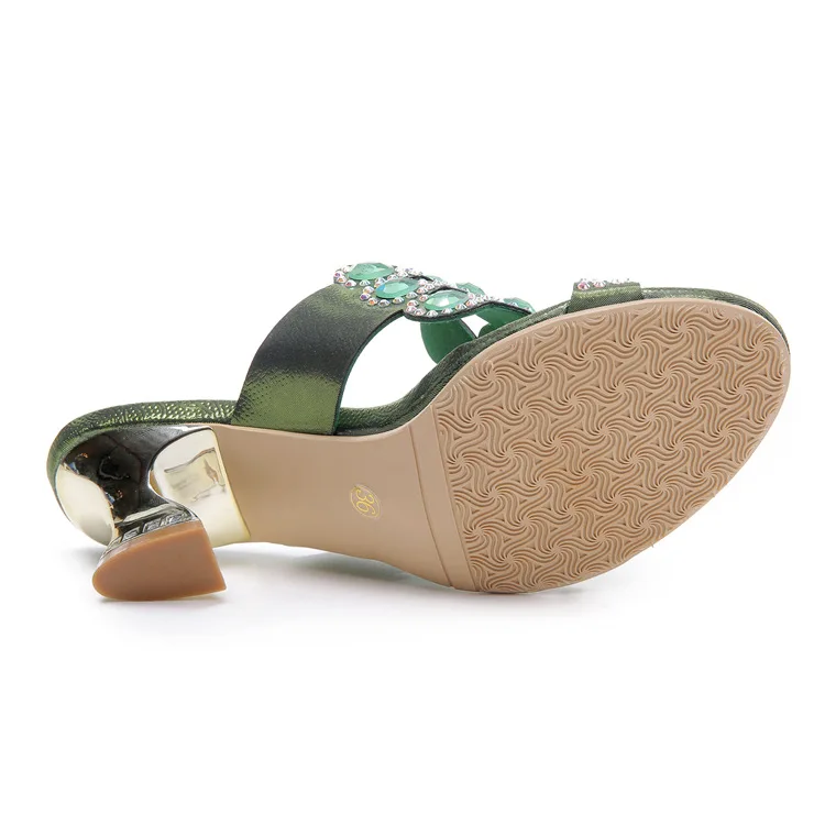2016 New Diamond Sandals Green Cheap Chunky High Heels Best Luxury Casual Shoes Ladies Leather Slippers14