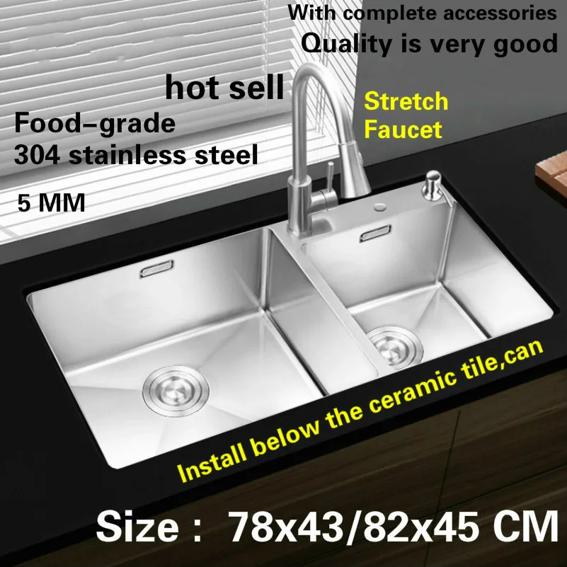 

Free shipping Standard kitchen manual sink double groove 5 mm durable 304 food grade stainless steel big hot sell 78x43/82x45 CM