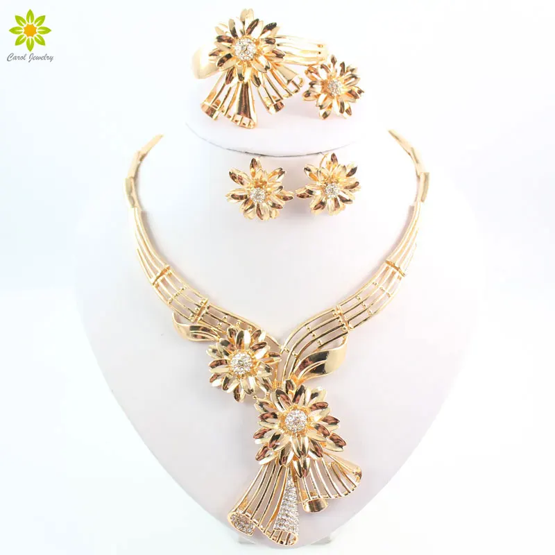 Модные Ювелирные наборы золотистого цвета в форме цветка хрустальное ожерелье