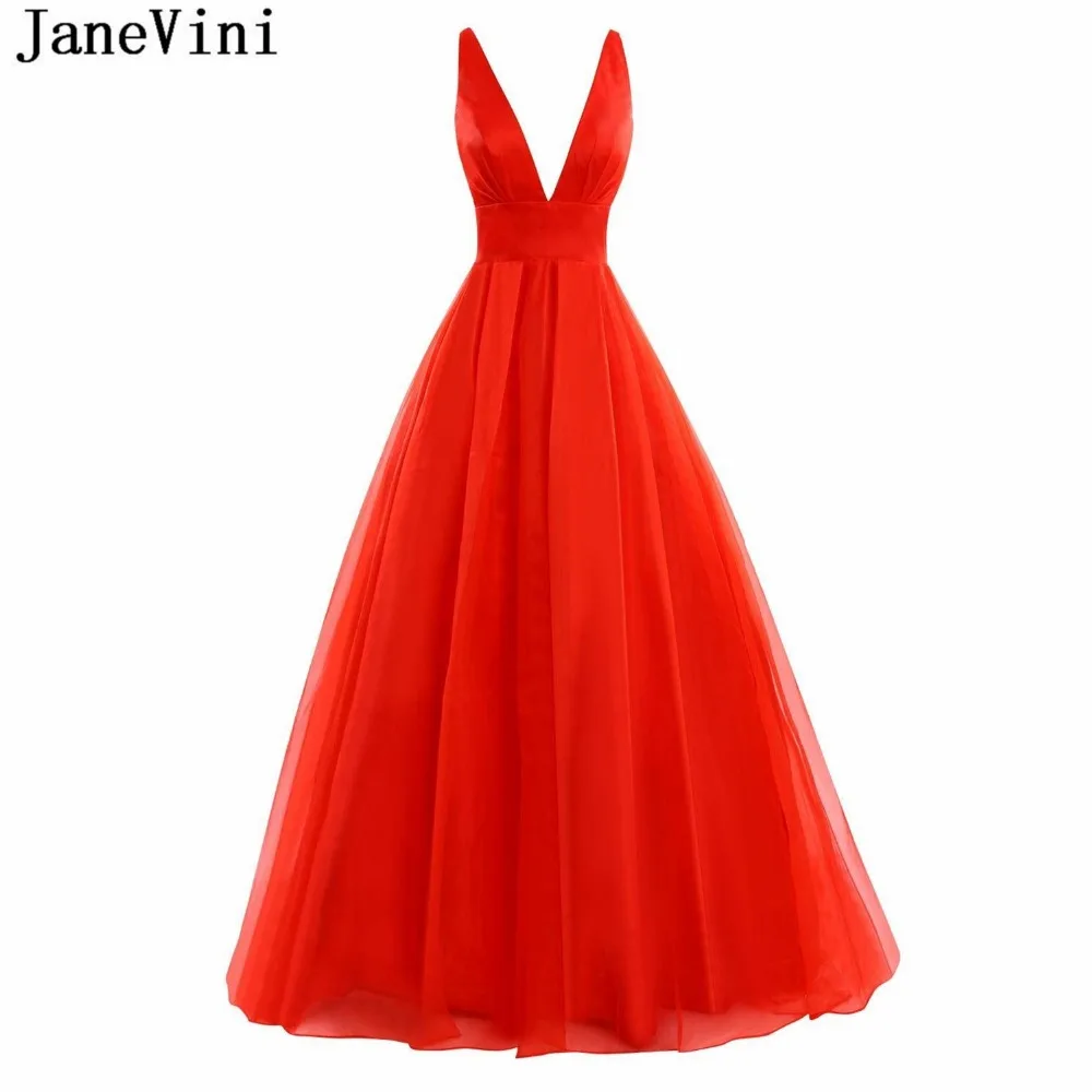 JaneVini 2018 Simple Red Tulle Long Bridesmaid Dresses A Line Sexy Deep V Neck Backless Sweep Train Women Wedding Party Dress
JaneVini 2018 Simple Red Tulle Long Bridesmaid Dresses A Line Sexy Deep V Neck Backless Sweep Train Women Wedding Party Dress
