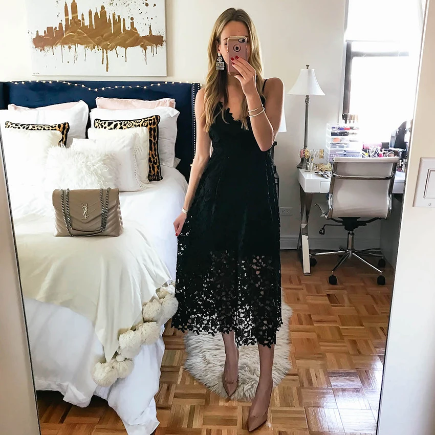 black High Waist Lace Cami Midi Dress 