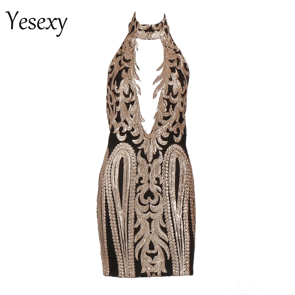 

Yesexy 2019 Women Sexy Off Shoulder Halter Sequin V Neck Bodycon Dresses Female Elegant Mini Dress Vestdios VR18723
