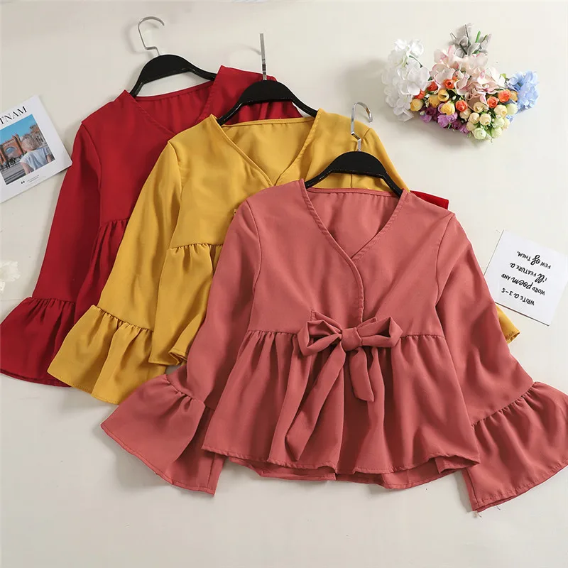 Korean Solid Flare Sleeves Sweet Girl Blouse 2019 Preppy Style Spring Autumn Shirt V-Neck Sashes Fashion Women Blusa PZ1334
Korean Solid Flare Sleeves Sweet Girl Blouse 2019 Preppy Style Spring Autumn Shirt V-Neck Sashes Fashion Women Blusa PZ1334