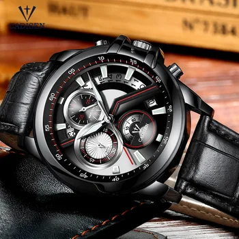 

Cadisen Fashion Casual Men's Quartz Watches with Black Leather Strap Chronograph Analogue Wristwatch for Man Boys Black CL9016-1