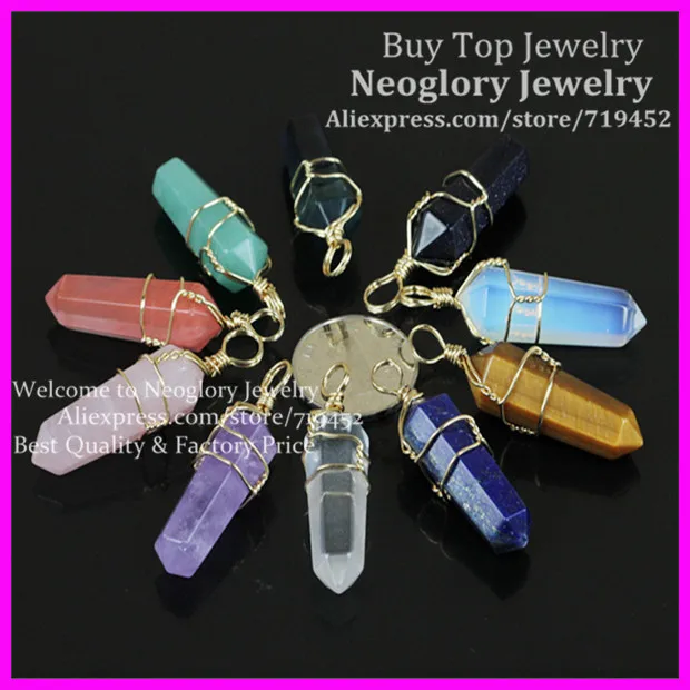 

10pcs Mix Natural Gems Stone Point Pendant metal Wire Wrapped Opal/Pink Quartz/Blue Sand/CRYSTAL Druzy Stone Pendant