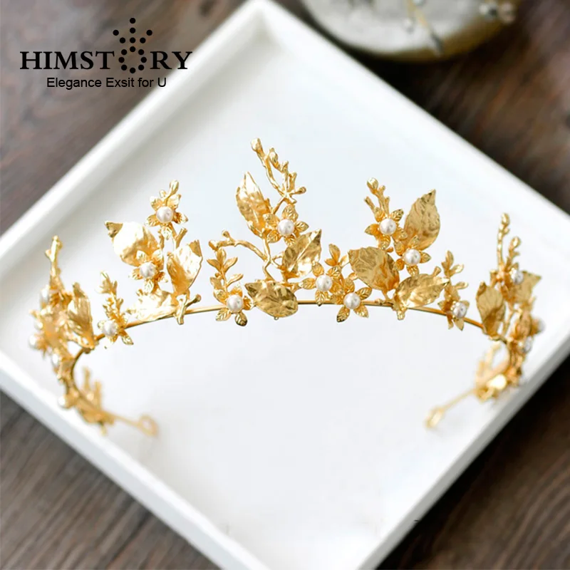 

HIMSTORY Gold Leaf Baroque Wedding Crown Tiara Vintage Bridal Hair Piece Accessories Women Party Prom Hairband Headpiece