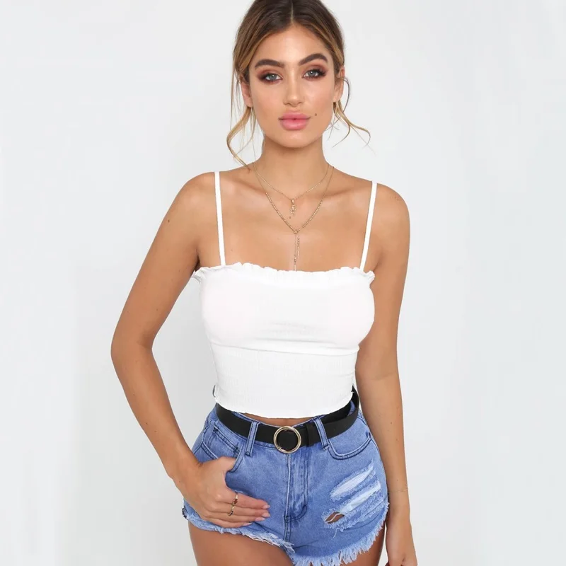 

Women Frill Trim Ribbed Cami Top Basic Camisoles Comfortable Silk tank tops 2019 Summer halter top Black White Nude Pink