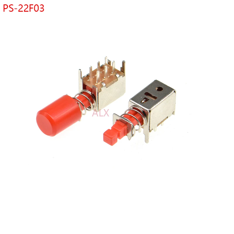 

10pcs PS-22F03 Right Angle PCB Latching Push Button Switch with cap DPDT Double Pole 6 Pin self-locking key power switches