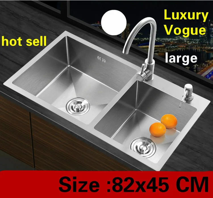 

Free shipping Apartment vogue wash vegetables 304 stainless steel big kitchen manual sink double groove hot sell 820x450 MM