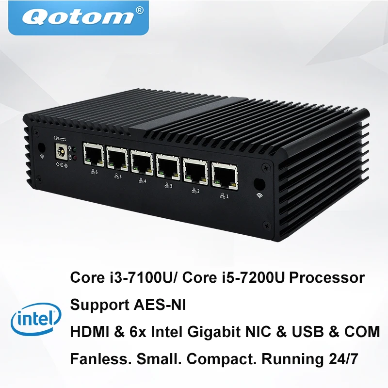 QOTOM 6 Gigabit Lan Mini PC with Core i5-7200U I3-7100U Processor Dual core 2.4 GHz Kaby Lake Fanless Firewall Router
QOTOM 6 Gigabit Lan Mini PC with Core i5-7200U I3-7100U Processor Dual core 2.4 GHz Kaby Lake Fanless Firewall Router