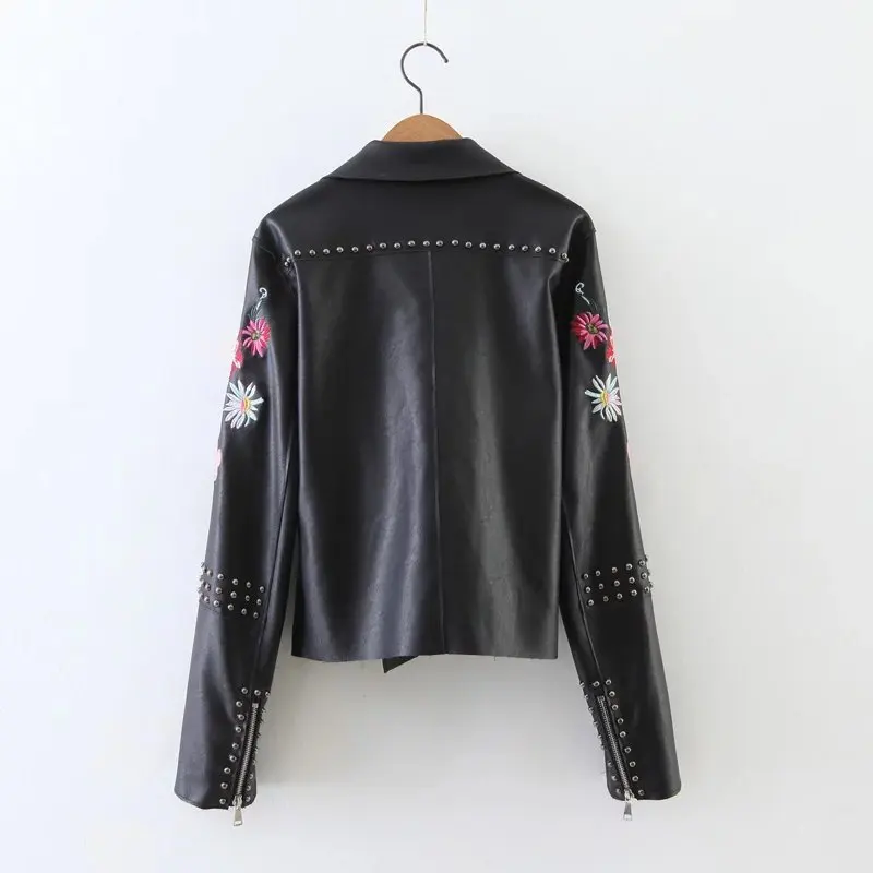 Nice autumn and winter new European and American fashion heavy embroidery rivets PU leather jacket women (2)