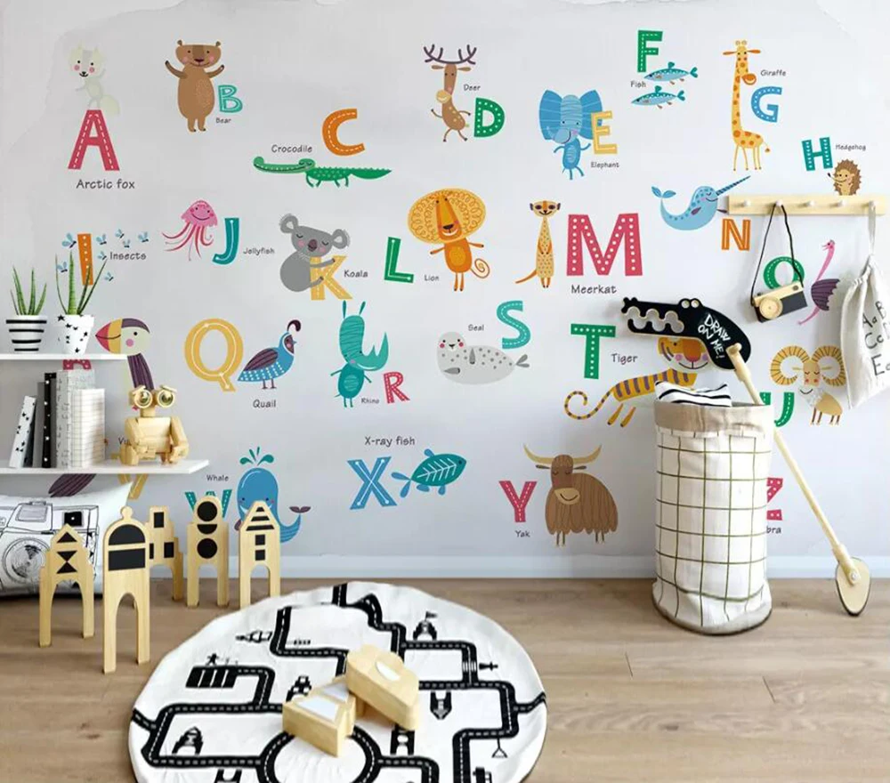 Custom photo mural Nordic cartoon animal 26 letters themed children room background wall
Custom photo mural Nordic cartoon animal 26 letters themed children room background wall
