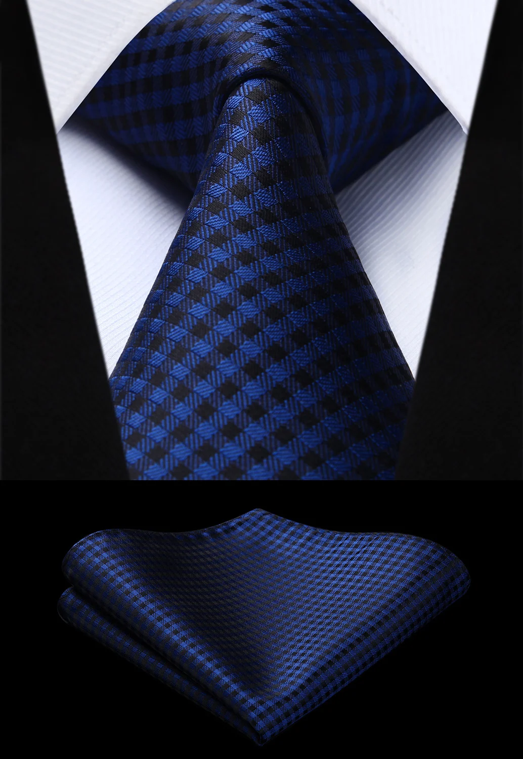 Фото Тканые мужчины темно-синий галстук плед и проверьте платок комплект # TC624V8S