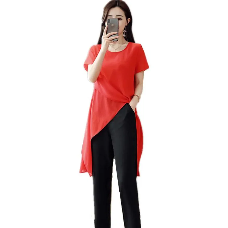 Women Summer O Neck Loose Short Sleeve Office Lady Tops Blouses Shirts Chiffon Casual Solid Color Shirt Plus Size 7XL Red | Женская