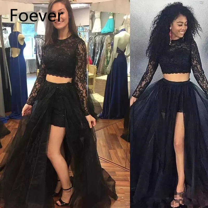 Sexy Black High Split Lace Tulle Prom Dresses Two Pieces Long Sleeve Pageant Dress Formal Dresses Party Evening Gown
Sexy Black High Split Lace Tulle Prom Dresses Two Pieces Long Sleeve Pageant Dress Formal Dresses Party Evening Gown