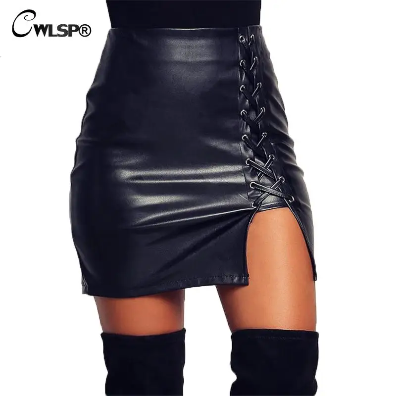 Image Black Lace Up Split Short Skirts 2016 Autumn Winter Womens Pu Faux Leather Pencil Skirts Vintage High Waist Bodycon Skirt QZ1820