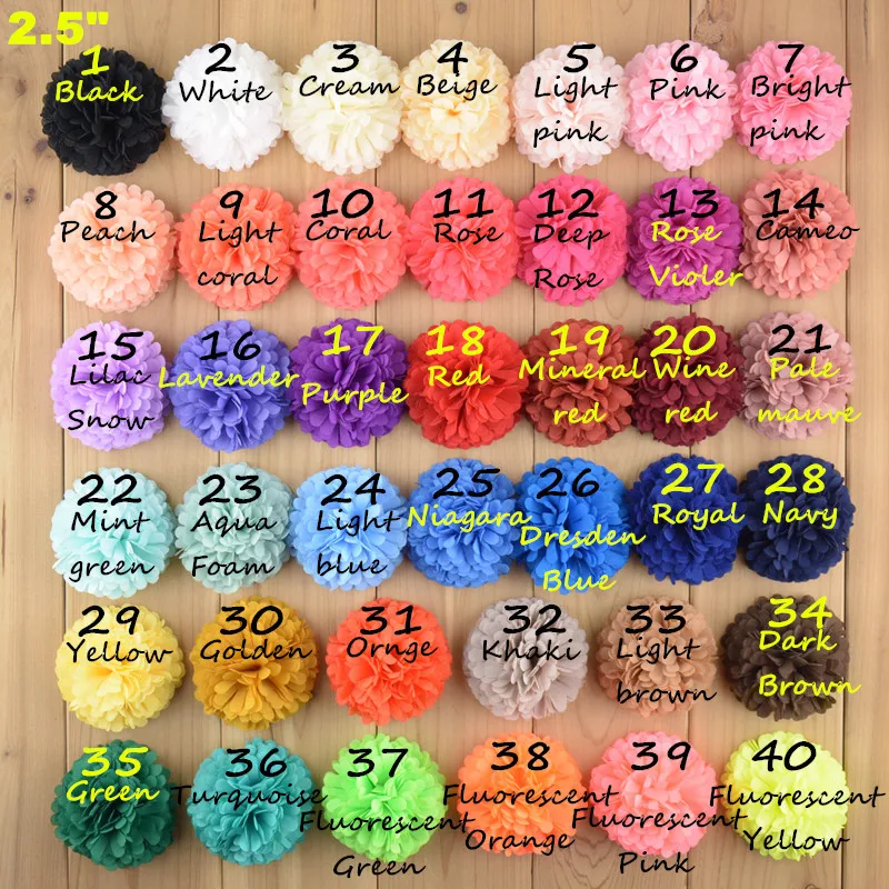 50pcs/lot Pom Pom Flower Druckfrisch Chiffon Ball Flower Without Clip Headwear Hair Accessories 40colors For Choose MH13
50pcs/lot Pom Pom Flower Druckfrisch Chiffon Ball Flower Without Clip Headwear Hair Accessories 40colors For Choose MH13
