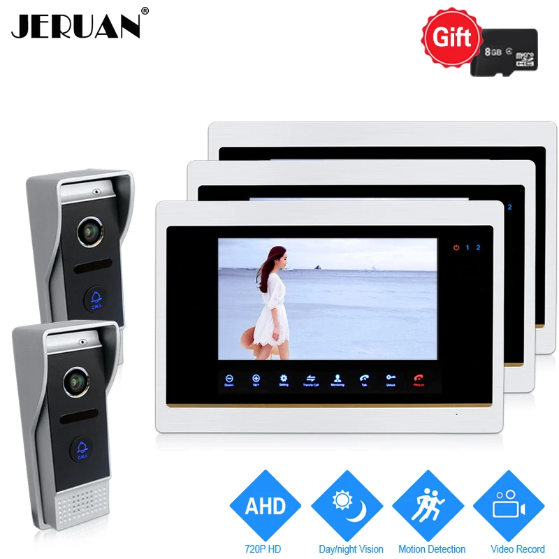 

JERUAN 720P AHD HD 7 inch LCD Video Doorbell Door Phone Intercom System 3 Record Monitor + 2 HD 110 degree COMS Camera 2V3