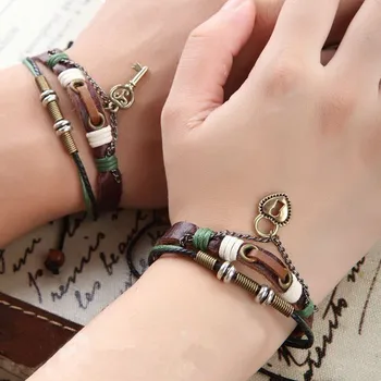 

2pcs/set Lovers Key Bracelet Lock and Key Couples Leather Bracelet His & Hers Friendship Bangles Charm Jewelry CMQ9068