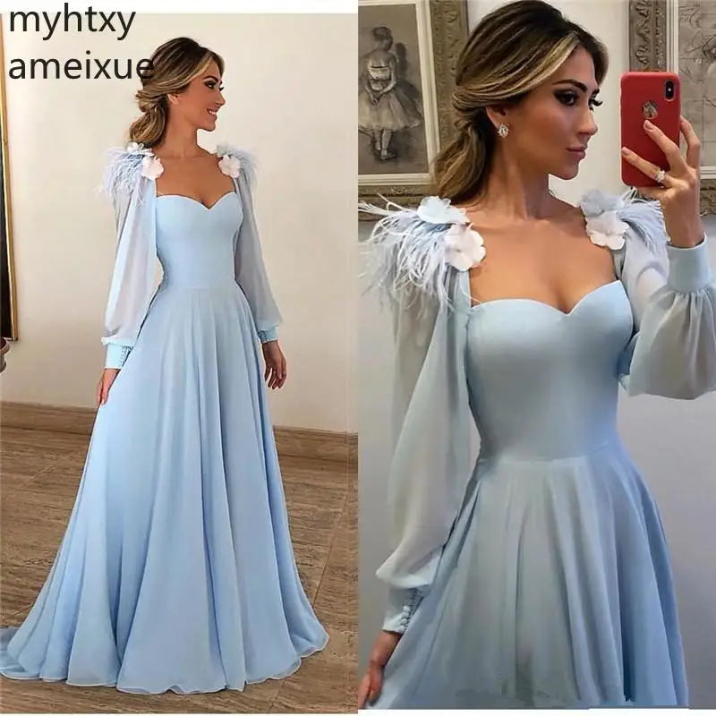 New Elegant Light Blue Feather 2019 Evening Dress A Line Long Sleeves Sexy Plus Size Floor Length Evening Gown Robe De Soiree
New Elegant Light Blue Feather 2019 Evening Dress A Line Long Sleeves Sexy Plus Size Floor Length Evening Gown Robe De Soiree