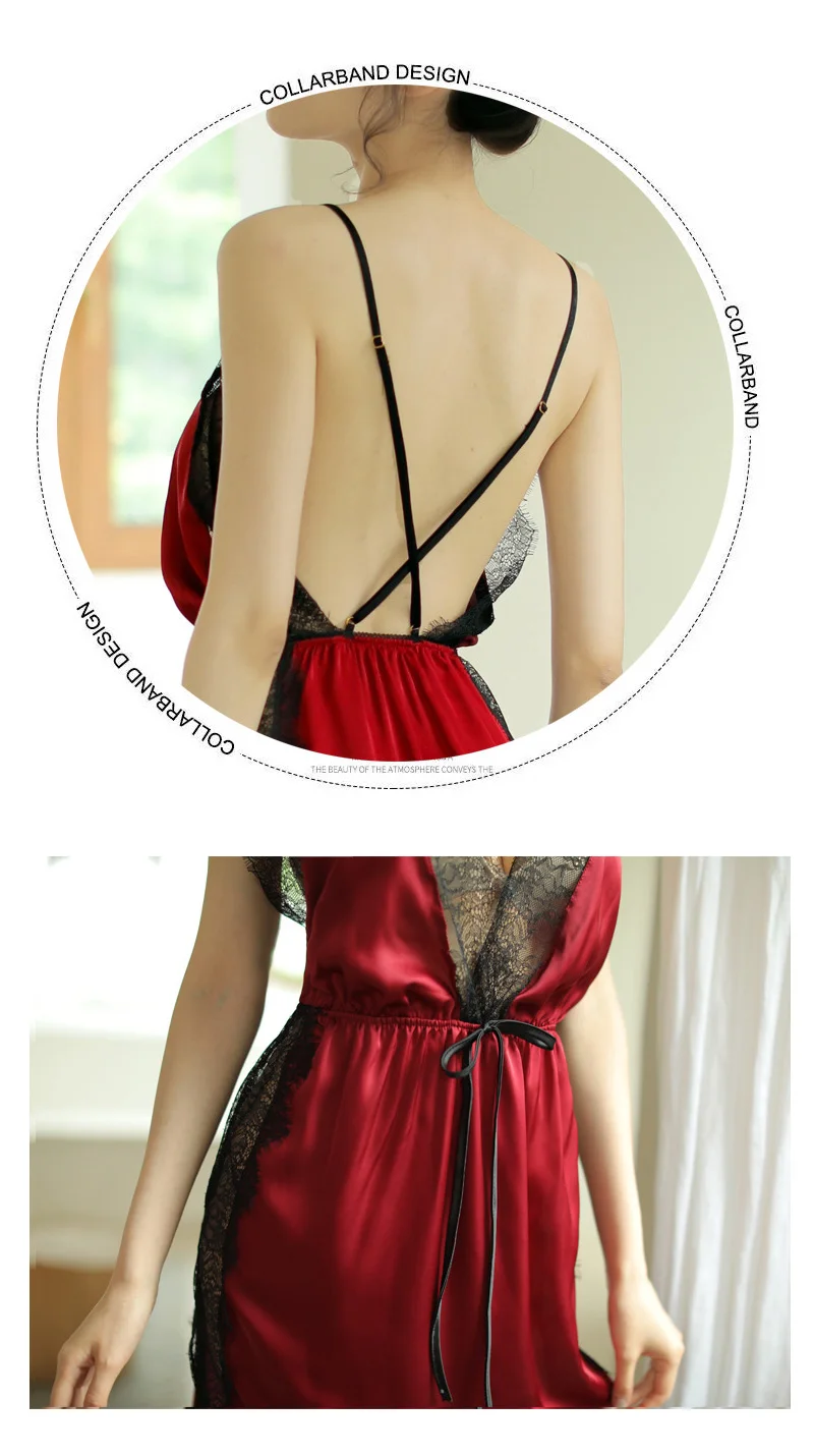 Summer Women Sexy Lace Night Dress Sleepwear Lingerie Women Sexy Satin Nightwear Sleeveless Nightgown Night Gown Sleep Wear Nightdress (5)