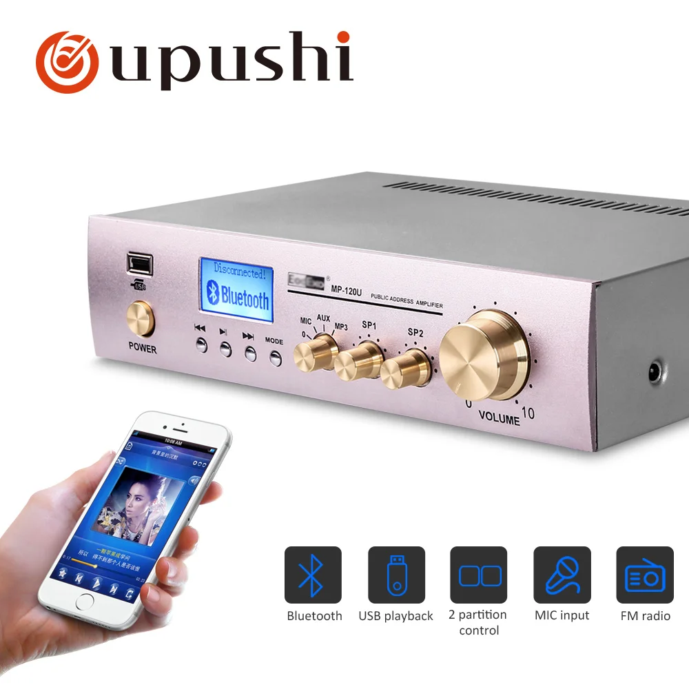 Oupushi 120W 2 Partition Control Support for USB Playback MIC Input FM Bluetooth Small Amplifier
Oupushi 120W 2 Partition Control Support for USB Playback MIC Input FM Bluetooth Small Amplifier