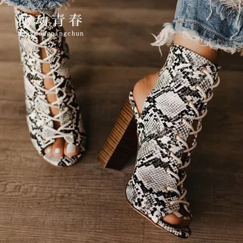 

Women Ankle Boots Pumps Sexy Snake Print Peep Toe Boots Sandals Stiletto Lace Up Slingbacks High Heeled Pumps Botas Size 35-42