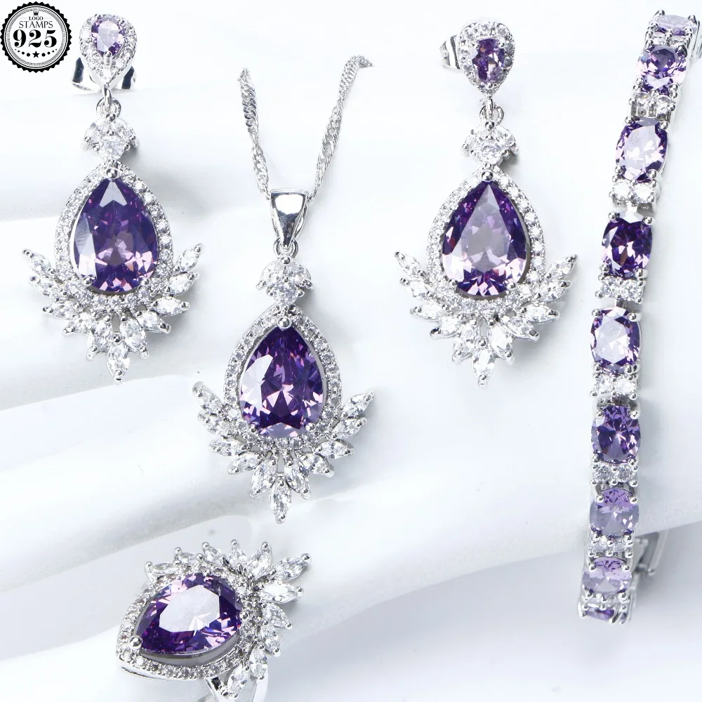 Purple Cubic Zirconia For Women Jewelry Sets 925 Sterling Silver Bridal Earrings Pendant Necklace Ring Bracelet Set Gift Box
Purple Cubic Zirconia For Women Jewelry Sets 925 Sterling Silver Bridal Earrings Pendant Necklace Ring Bracelet Set Gift Box
