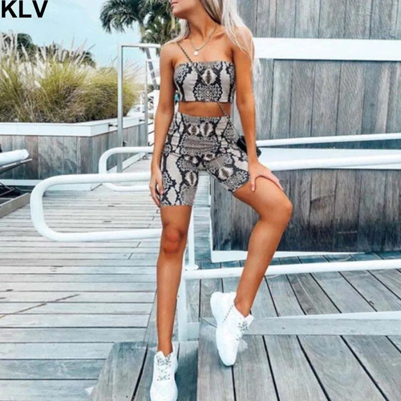 Womens 2 Pieces Outfits Boho Snakeskin Digital Print Strapless Bandeau Tube Top High Waist Biker Shorts Fitness Sport Tracksuit
