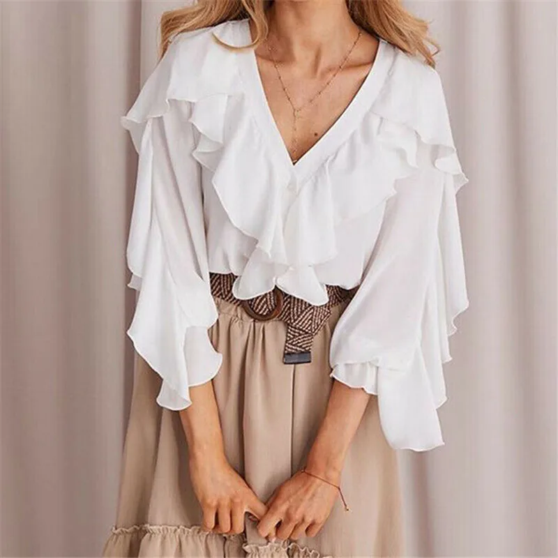 Women Ladies Deep V Neck Button down Chiffon Ruffle Long Elastic Puff Sleeve Loose Shirts Top Summer Cool Blouse
Women Ladies Deep V Neck Button down Chiffon Ruffle Long Elastic Puff Sleeve Loose Shirts Top Summer Cool Blouse