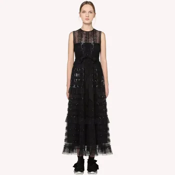 High quality hollow-out blacke mesh dress 2019 summer runways embroidered sequinslayered dress Women party dress A466
High quality hollow-out blacke mesh dress 2019 summer runways embroidered sequinslayered dress Women party dress A466