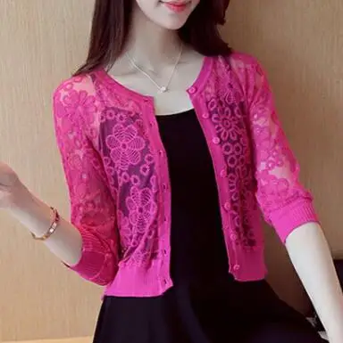 

Carol Diaries Embroidery Mesh Crochet Lace Embellished Cape Three Quarter Sleeve O-neck Women Cardigan Short Femme Bolero Coat