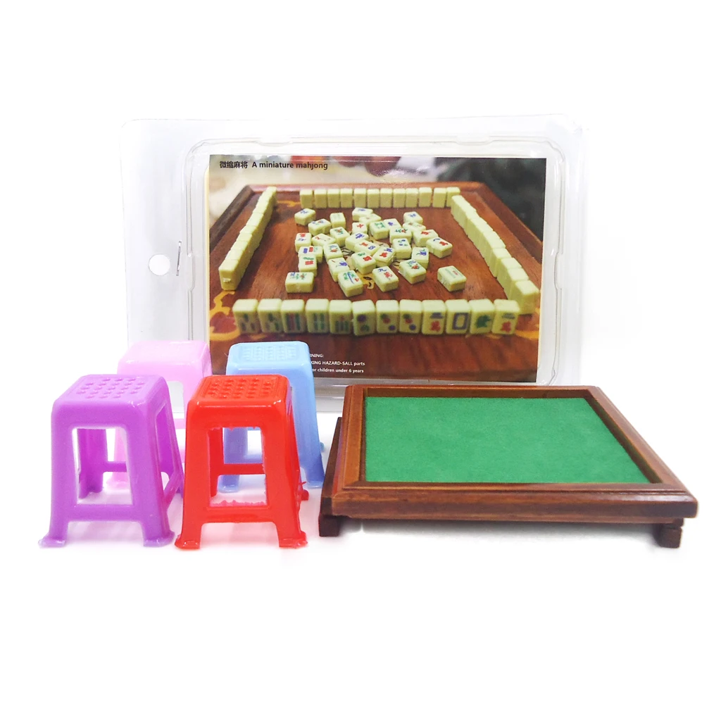 New 1/12 Scale Dollhouse Miniature MahJong Game Set with 4 Stools for 1:12 Dollhouse Decor Kids Toys Birthday Gift Collectibles