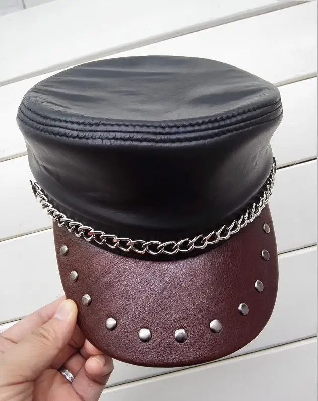 Genuine Leather Military Flat Hat Rivet Nail Handmade Cowskin Motorcycle Hat Chain Biker Club Punk Rock Cap For Men And Women
Genuine Leather Military Flat Hat Rivet Nail Handmade Cowskin Motorcycle Hat Chain Biker Club Punk Rock Cap For Men And Women