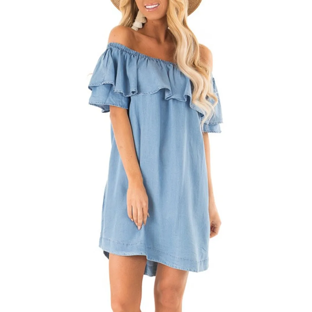 Women Dress Off Shoulder Casual Short Sleeve Dress Summer Solid Denim Beach Women Soft Dress Vestidos 2019 New Sundress
Women Dress Off Shoulder Casual Short Sleeve Dress Summer Solid Denim Beach Women Soft Dress Vestidos 2019 New Sundress