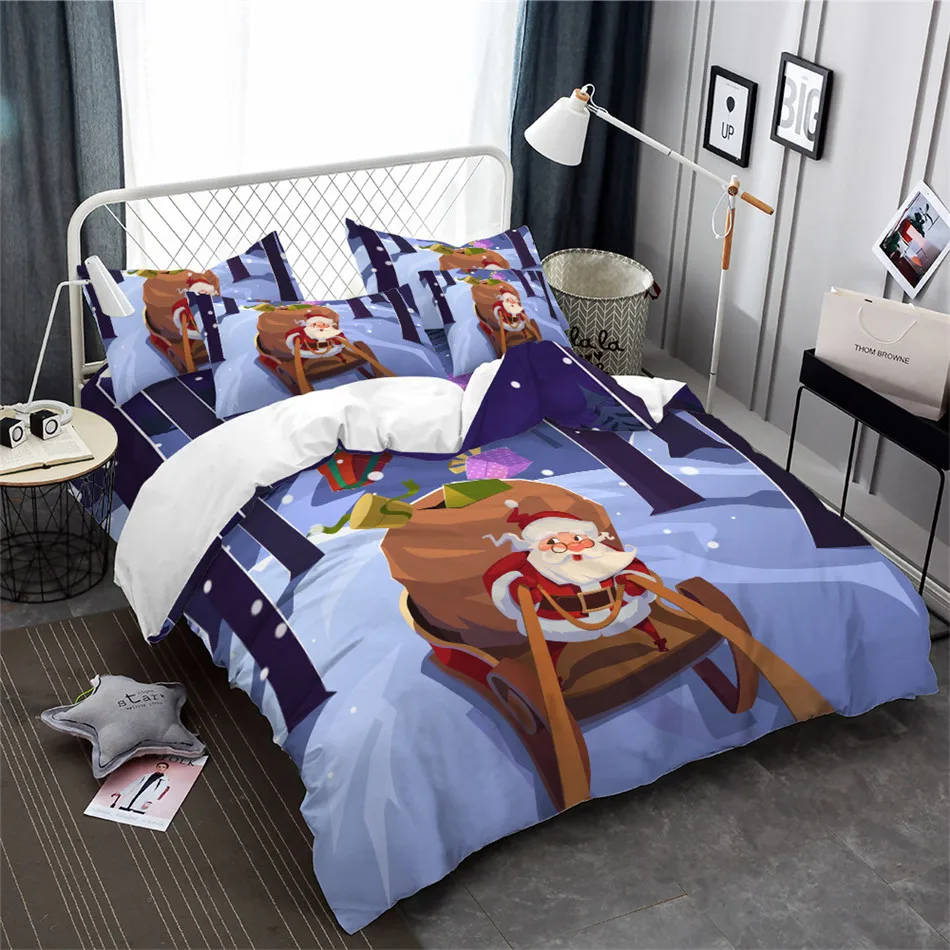 Blue Christmas Bedding Set Cartoon Santa Claus Sleigh Snow Duvet