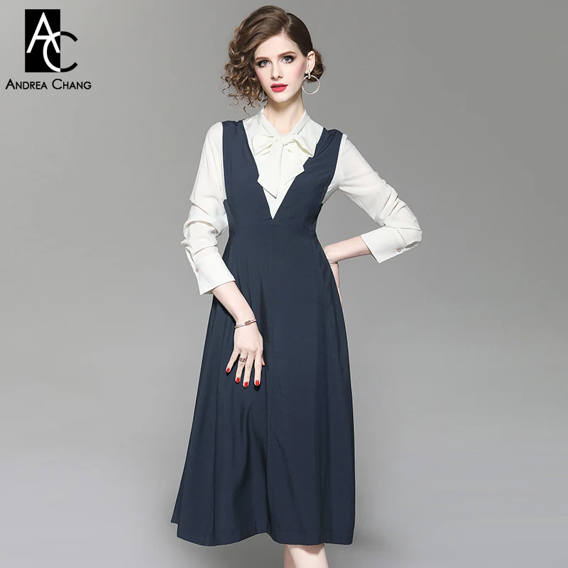 autumn spring woman dress white top bow collar dark blue patchwork dress fashion sweet elegant office calf length dress
autumn spring woman dress white top bow collar dark blue patchwork dress fashion sweet elegant office calf length dress