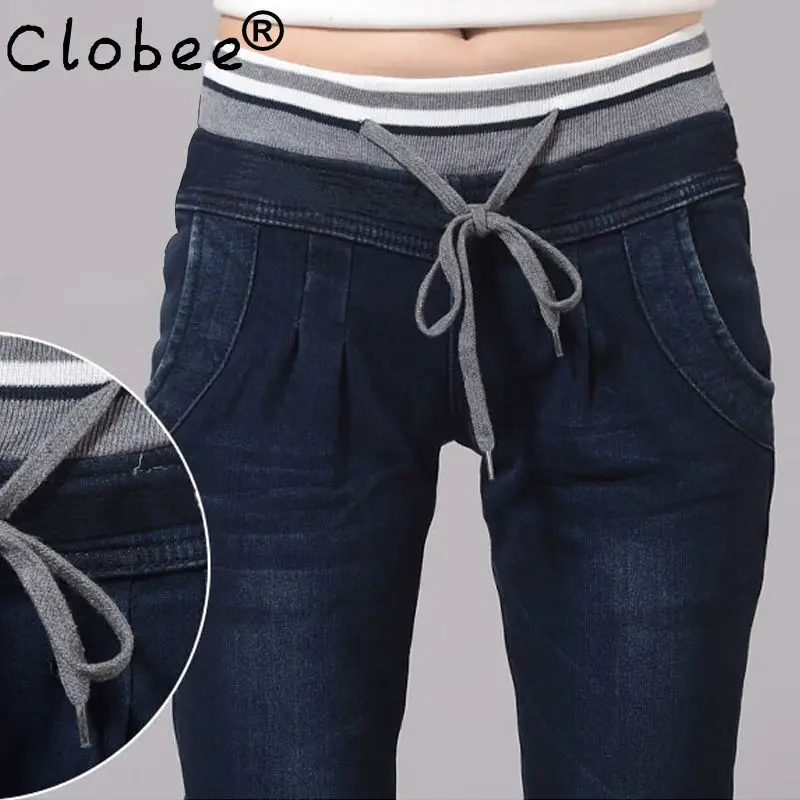 2017 new big yards 2018 denim harem pants high elastic waist plus jeans female wide stretch pants Plus thick velvet optional 
2017 new big yards 2018 denim harem pants high elastic waist plus jeans female wide stretch pants Plus thick velvet optional