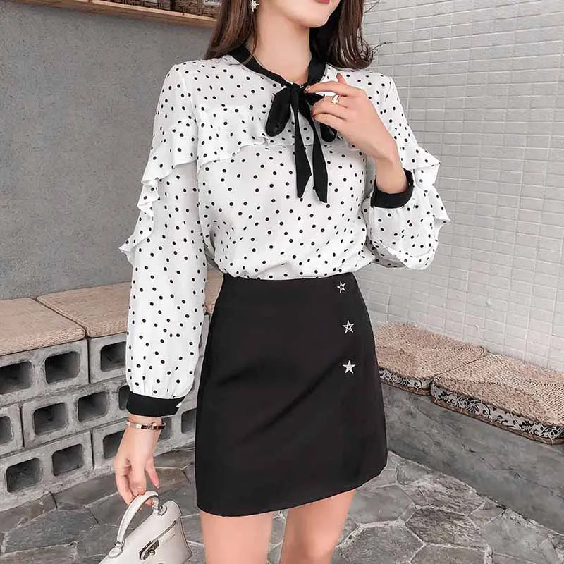 Women Temperament Shirt White Polka Dot Print Cute Bow Long Sleeve Slim Ruffled Chiffon Blouse Simple Shirt Sweet
Women Temperament Shirt White Polka Dot Print Cute Bow Long Sleeve Slim Ruffled Chiffon Blouse Simple Shirt Sweet