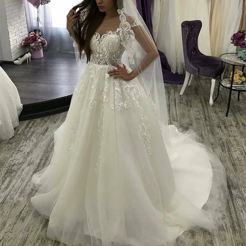 Elegant Lace Wedding Dresses Tulle Applique Sleeveless V-Neck Luxurious A-line Lace Up Princess Bride Wedding Dresses
Elegant Lace Wedding Dresses Tulle Applique Sleeveless V-Neck Luxurious A-line Lace Up Princess Bride Wedding Dresses