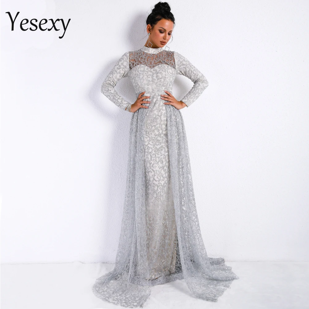 

Yesexy 2019 Women Sexy High Neck Long Sleeve Retro Geometry Dresses Female Glitter Maxi Elegant Party Dress Vestdios VR9343