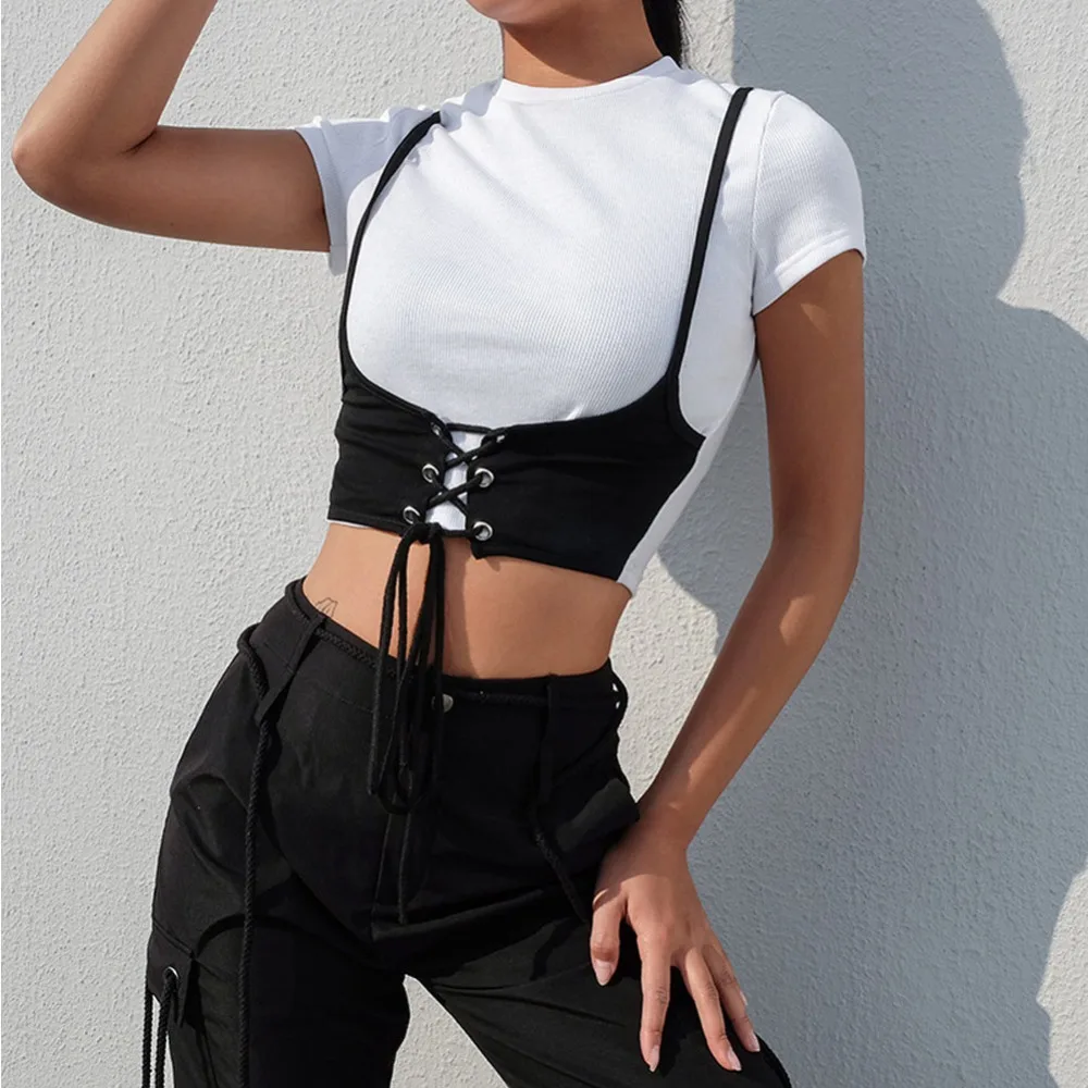 Punk Harajuku White T-shirt Woman Fake Two Pieces Crop Top Women Casual Patchwork Ladies T Shirt Tie Up Cotton Summer
Punk Harajuku White T-shirt Woman Fake Two Pieces Crop Top Women Casual Patchwork Ladies T Shirt Tie Up Cotton Summer