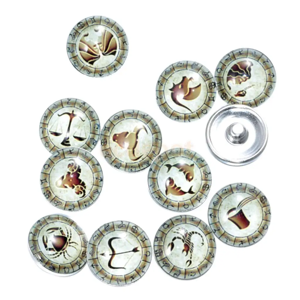 fityle 12 pieces Women/Men Fashion Zodiac Sign Bracelets Snap Button Jewelry Making Accessory Glass Cabochon Jewelry Making