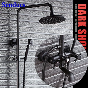 Senducs Black Bronze Shower Set Dual Handle Brass Bathroom Shower Faucet 8 Inch Round Shower Black Bronze Shower Set