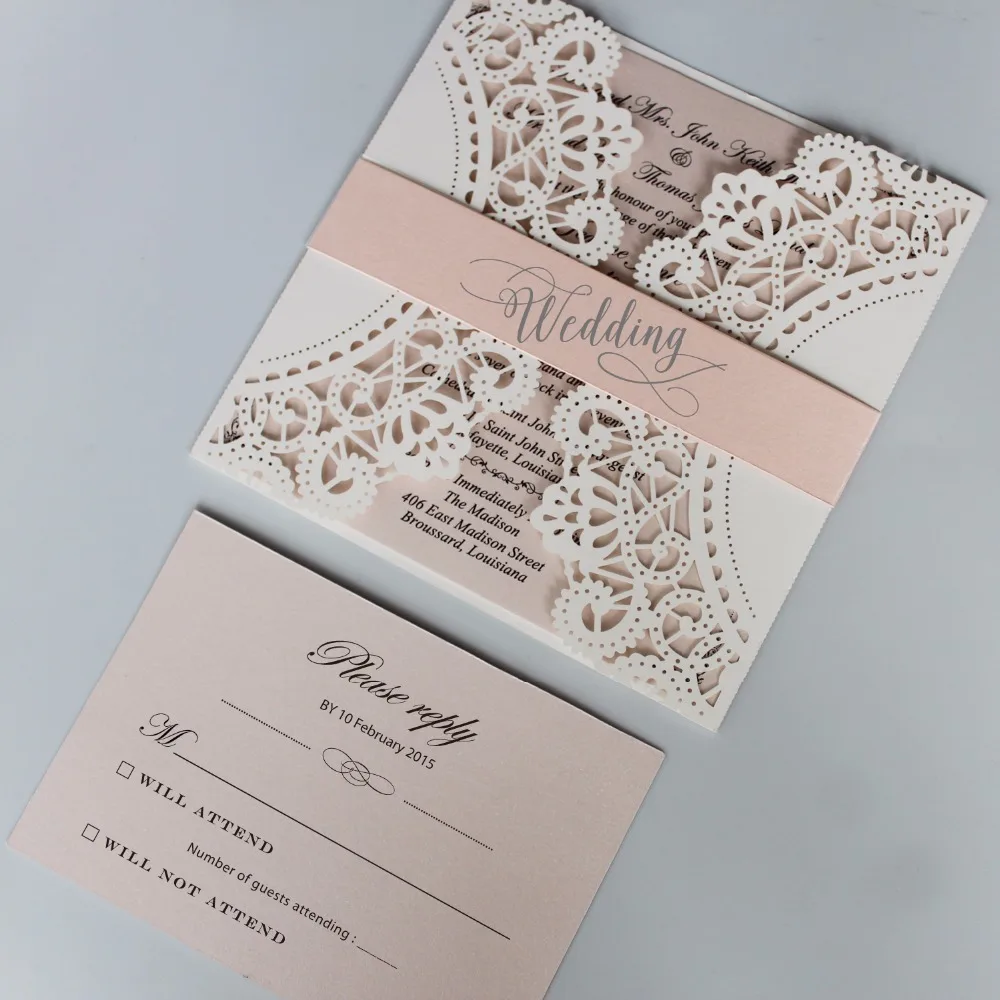 

Romantic Wedding Invitation Set Pink Invitation Cards Lace Wedding Invite With Customized wording - Set of 50 pcs