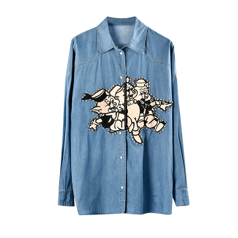 Designer Luxury Shirts for Women Pig Pattern Embroidery Diamonds Blue Washed Denim Blouse Tops
Designer Luxury Shirts for Women Pig Pattern Embroidery Diamonds Blue Washed Denim Blouse Tops