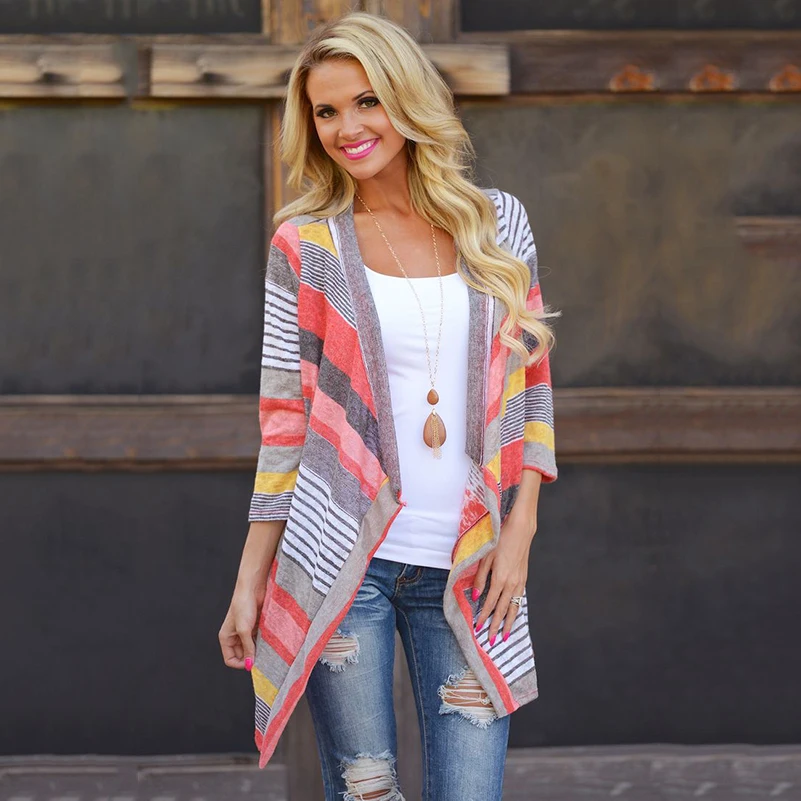 Asymmetrical Striped Cardigan Sweaters for Women Plus Size Patchwork Knitted Outwears 2018 Autumn Open Stitch Coat Female ** |